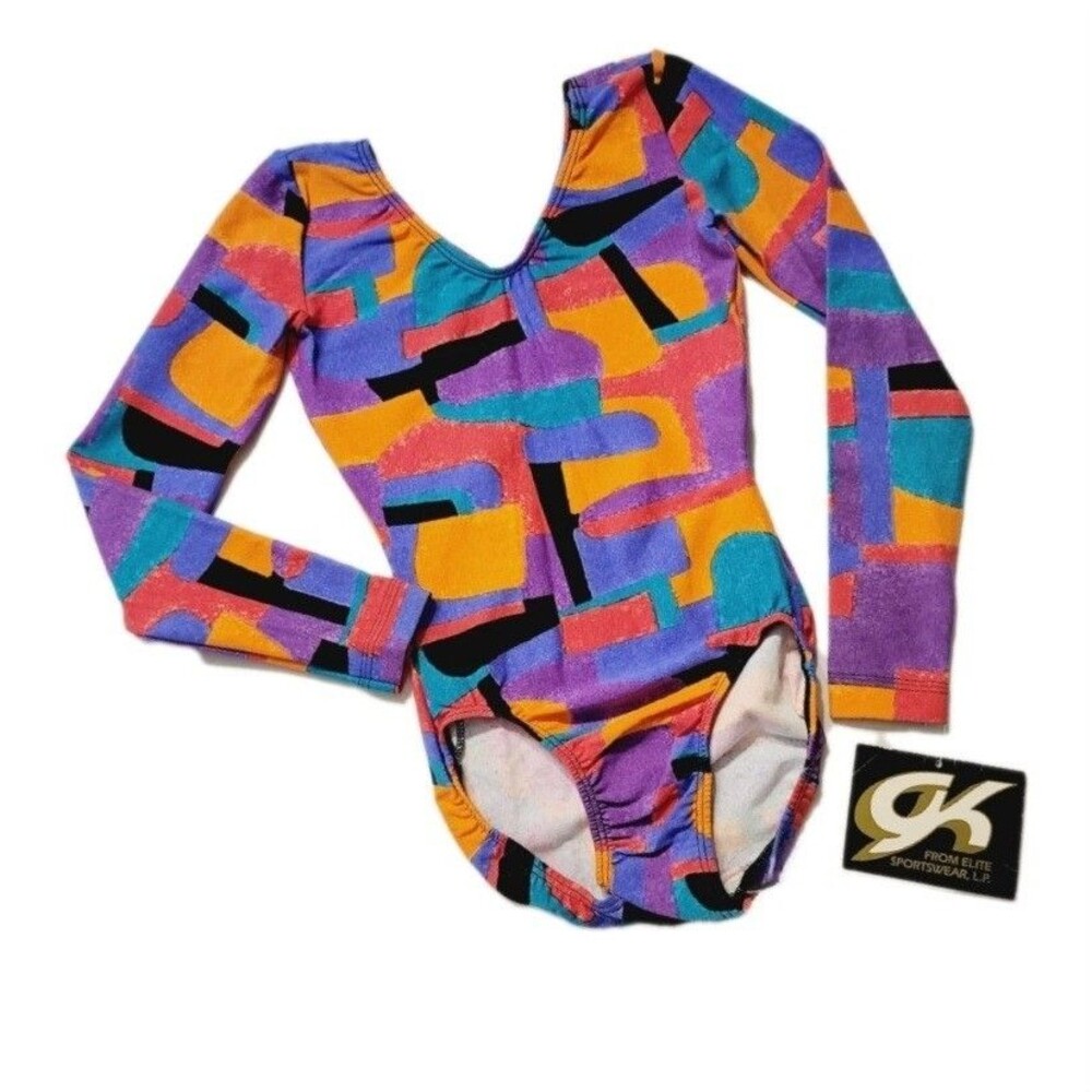 GK Elite VTG Memphis-inspired Colorblock LS Cotton Leotard Bodysuit AS Adult S